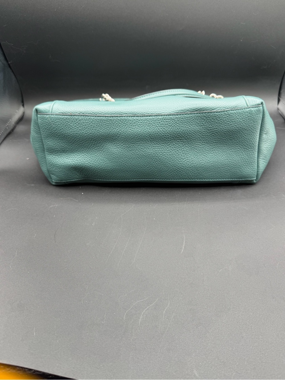 Coach Teal Pebbled Leather Tote Bag — Silver Chain Strap Shoulder Bag - Picture 5 of 8